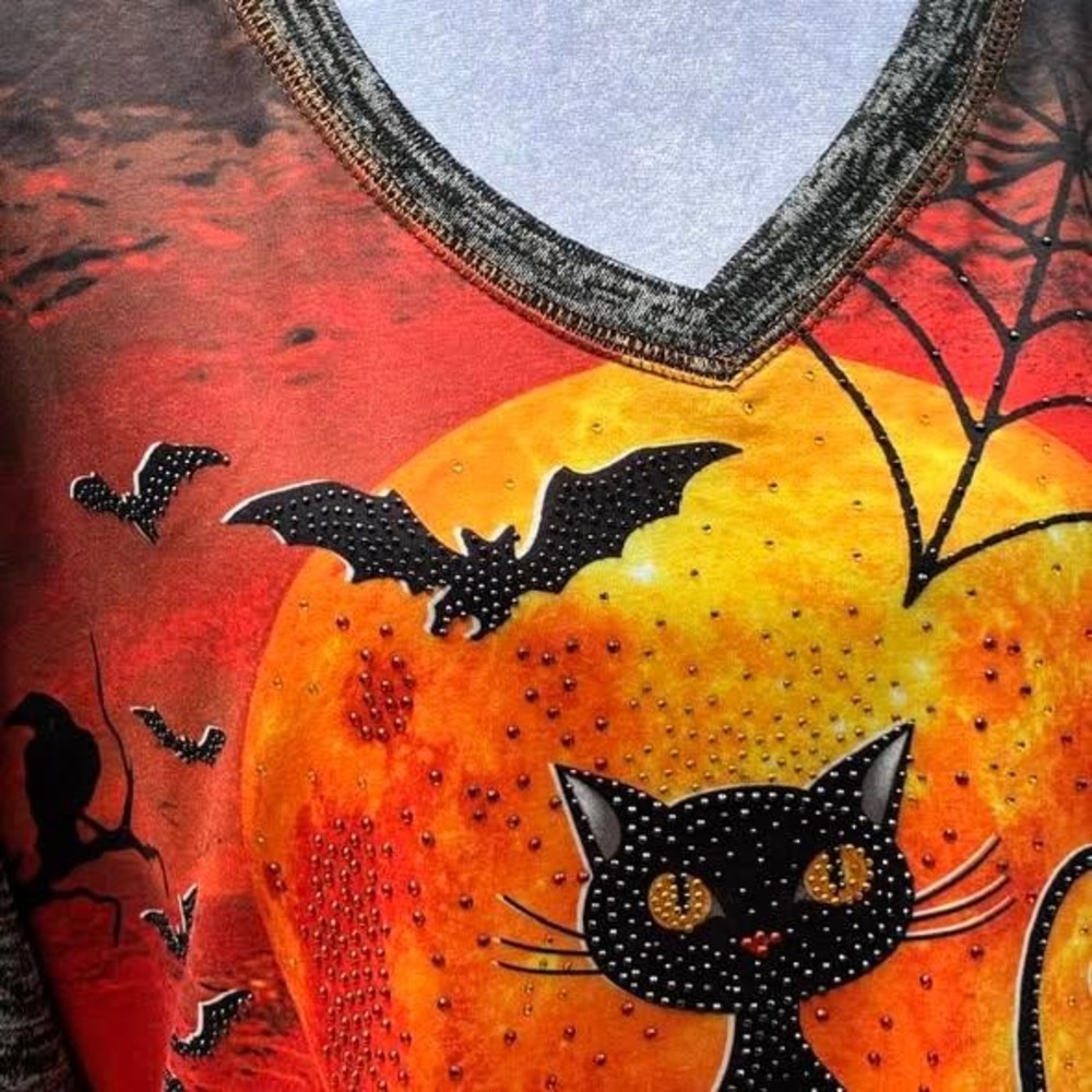 Onque Casual Halloween Black Cat Pumpkin Rhinestone Top Size L Grey Orange Black - Picture 6 of 14